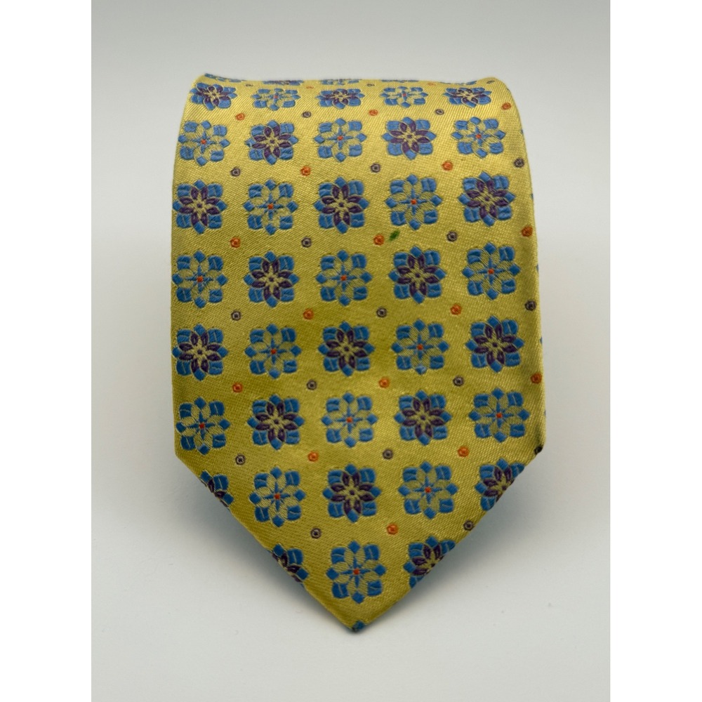 Holland & Sherry London 1836 Mens Yellow Floral Medallion Silk Tie USA Made 60"